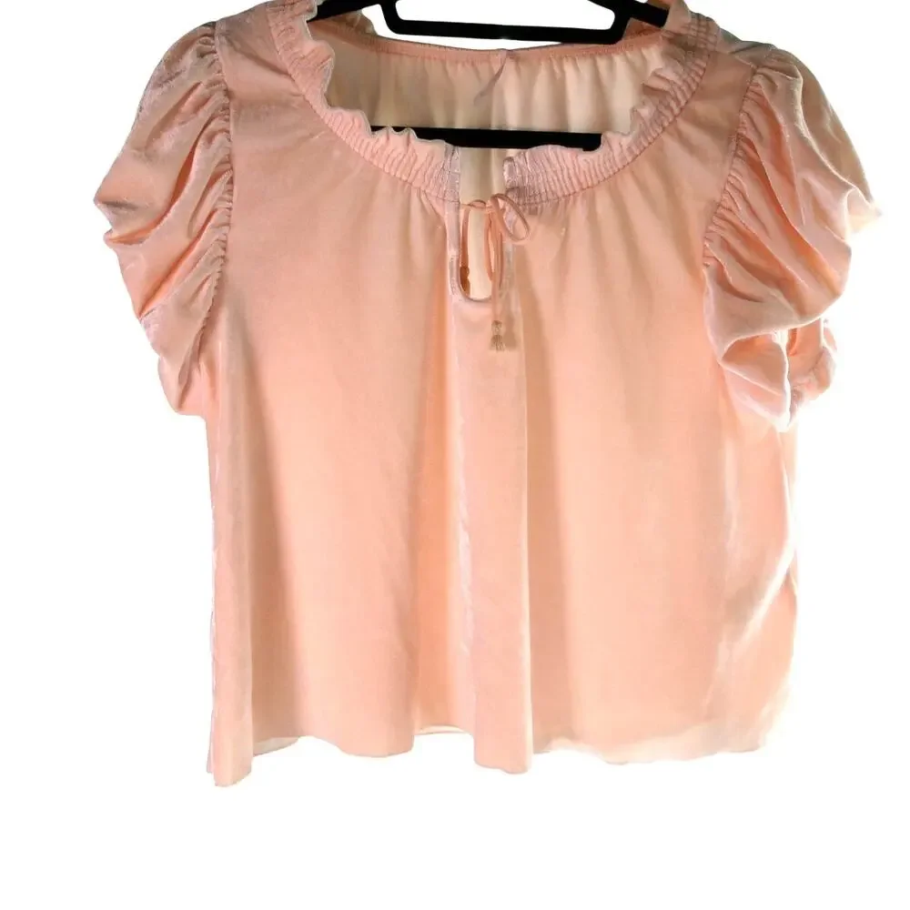 Free People Terese Velour Puff Sleeve Tie Neck Top Pink XS